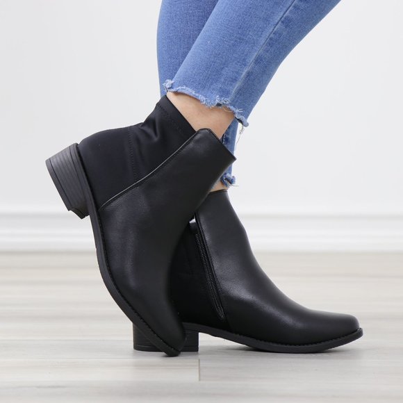 Black Dual Material Round Toe Low Heel Ankle Boots - Picture 3 of 12